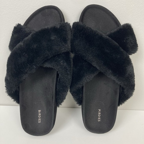 Birdies Shoes - Birdies The Robin Black Faux Fur Slide Sandals House Slippers Cozy Plush sz 8.5